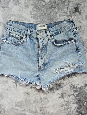 Agolde Light Blue Distressed High-Rise Cutoff Denim Shorts. Organic Cotton.